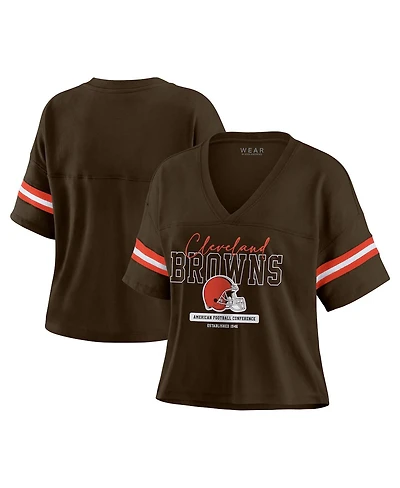 Wear by Erin Andrews Women's Brown Cleveland Browns Color Block Boxy Modest Crop V-Neck T-Shirt