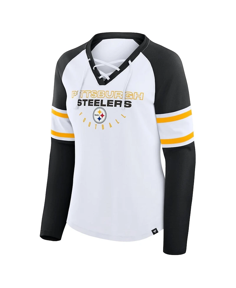 Fanatics Women's White/Black Pittsburgh Steelers Redzone Blitz Package Raglan Lace-Up V-Neck Long Sleeve T-Shirt