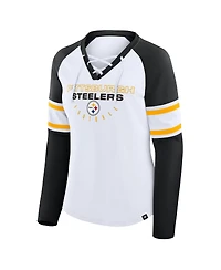 Fanatics Women's White/Black Pittsburgh Steelers Redzone Blitz Package Raglan Lace-Up V-Neck Long Sleeve T-Shirt