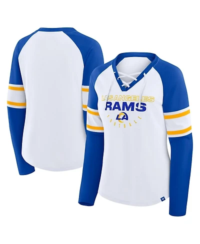 Fanatics Women's White/Royal Los Angeles Rams Redzone Blitz Package Raglan Lace-Up V-Neck Long Sleeve T-Shirt