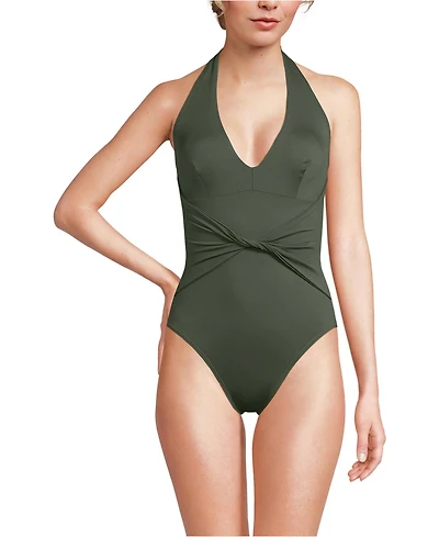 Lands' End Women's Long Sculpting Suit Plunge Halter High Leg One Piece Swimsuit