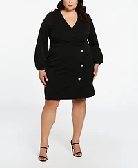 Ella Rafaella Plus Jewel Button Surplice Long Sleeve Dress