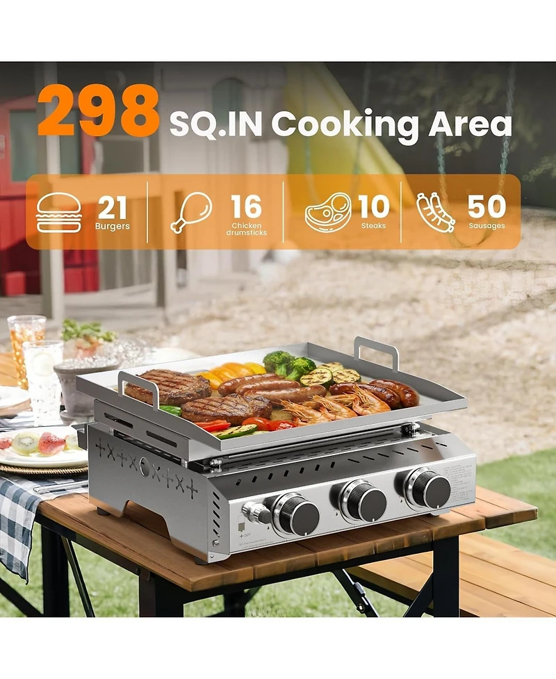 Cowsar Portable 26 Inch Tabletop Griddle with Grill Grate, Stainless Steel Propane Gas Grill with 3 Burners,24000 Btu, for Outdoor Camping/Rv/Picnic/B