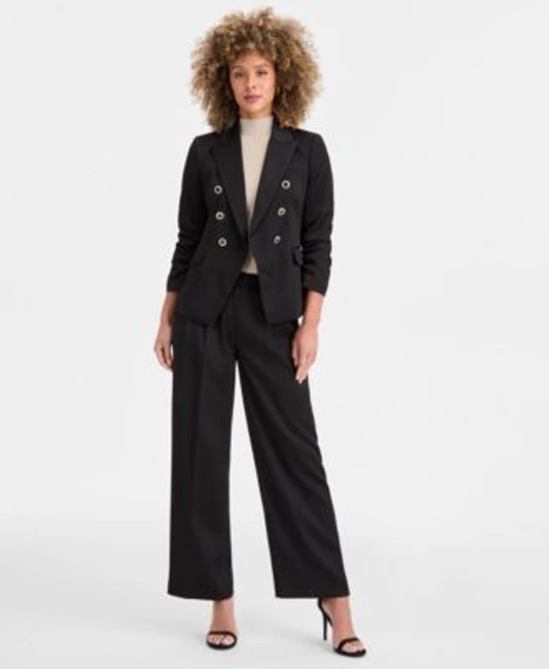 Tahari Asl Womens Crinkle Satin Faux Double Breasted Blazer Metallic Sleeveless Mock Neck Sweater Crinkle Satin Wide Leg Pants