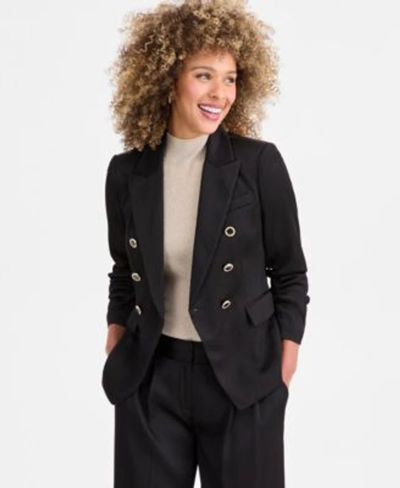 Tahari Asl Double Breasted Blazer Mock Neck Sweater Satin Pants
