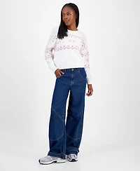 Hippie Rose Juniors' Patterned Knit Chenille Crewneck Sweater