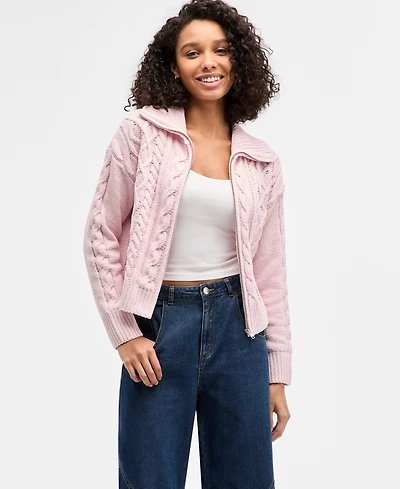 Hippie Rose Juniors' Chenille Cable-Knit Collared Full-Zip Cardigan
