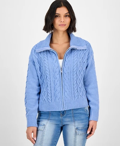 Hippie Rose Juniors' Chenille Cable-Knit Collared Full-Zip Cardigan