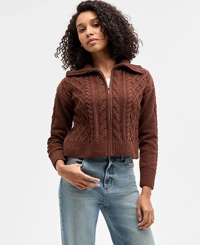 Hippie Rose Juniors' Chenille Cable-Knit Collared Full-Zip Cardigan