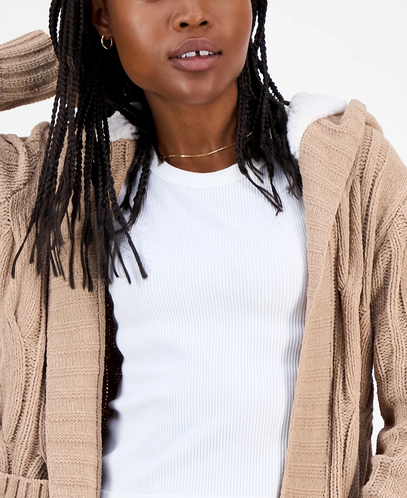 Madden Girl Juniors' Sherpa-Lined Cable-Knit Open Cardigan