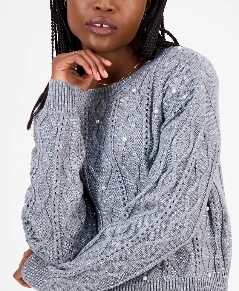 Madden Girl Juniors' Cable-Knit Faux-Pearl Crewneck Sweater