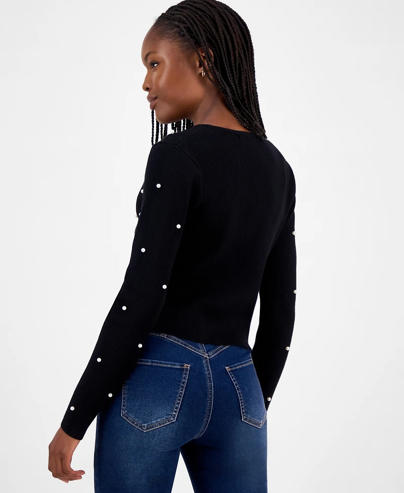 Madden Girl Juniors' Faux-Pearl Ribbed Cardigan