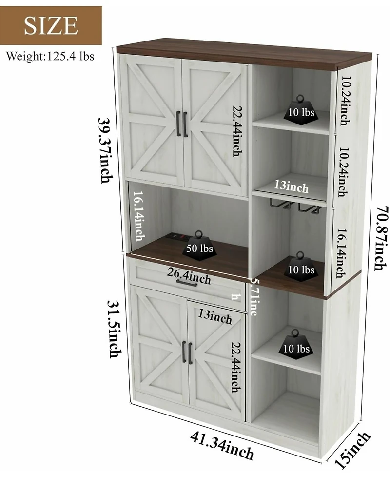 Vanirror Antique White 71" Farmhouse Pantry Hutch Cabinet, Barn Door Kitchen Storage with Led Lights & Adjustable Shelves, Freestanding Sideboard with