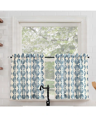 No. 918 Seaside Tonal Seashell Print Semi-Sheer Rod Pocket Kitchen Curtain Tier Pair