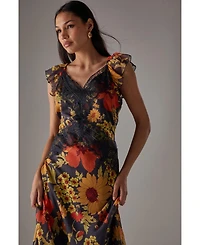 Warehouse Women's Lace Insert Frill Sleeve Midi Dress