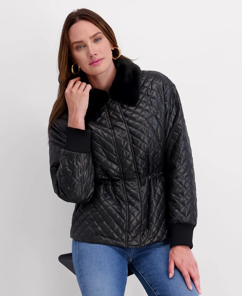 Kensie Women's Cinched Waist Quilted Jacket with Faux Fur Collar