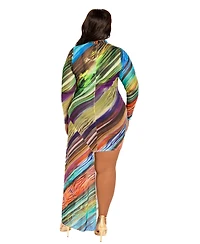 Buxom Couture Plus Printed Asymmetrical Long Sleeve Mesh Dress