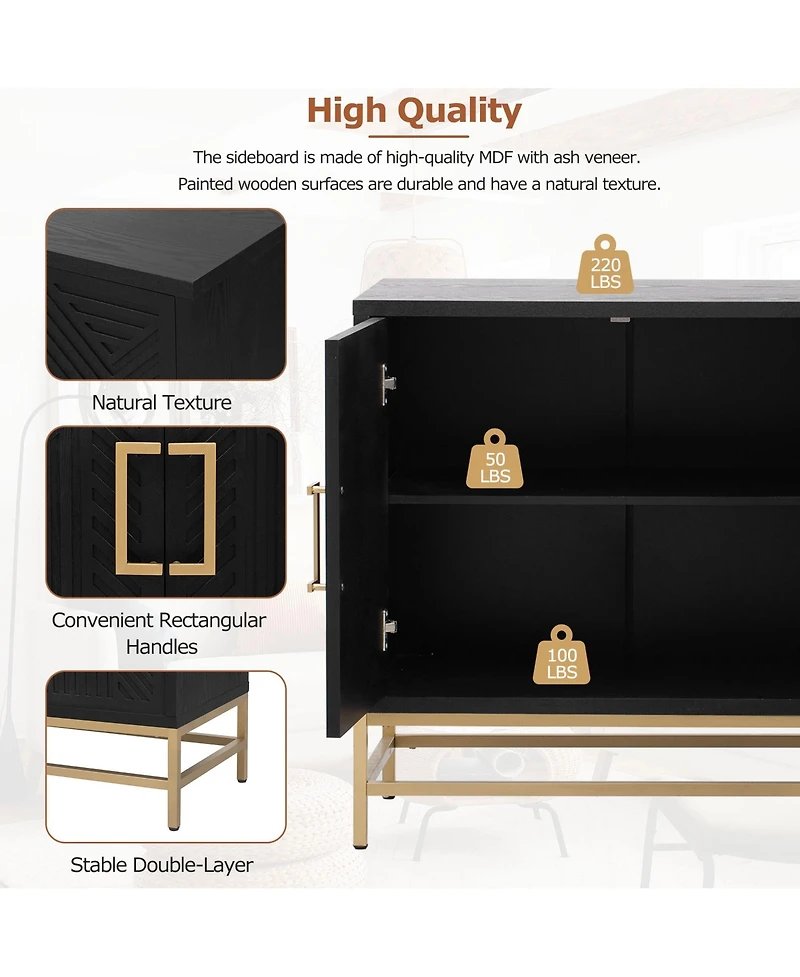 Retro Style Sideboard with Adjustable Shelves, Rectangular Metal Handles and Legs for Kitchen, Living room, Dining Room