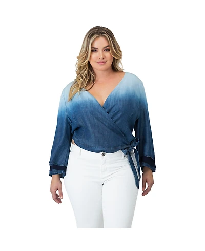 Standards & Practices Plus Size Dip Dye Bell Sleeve Denim Wrap Crop Top