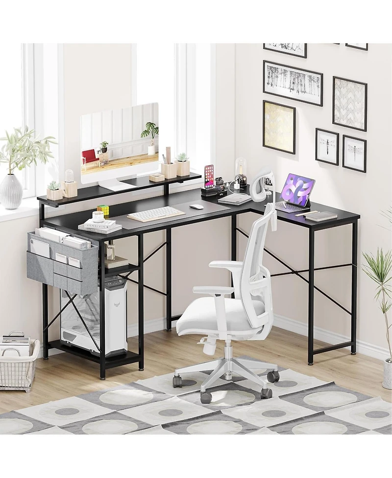 gaomon 54 inch Gaming Desk, Reversible L Shaped Desk, Corner Computer Desk with Monitor Stand, Power Outlets, Led Lights and Storage Shelves for Home