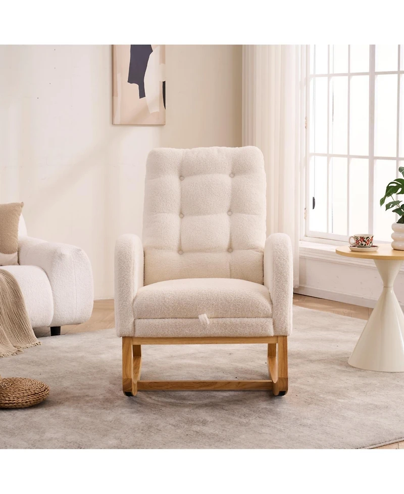Flynama Plush Accent Rocking Chair with Footrest, Cream White High-Back Rocker, Rubber Wood Lounge Chair for Nursery & Living Room, 38.36"W x 26.77"D