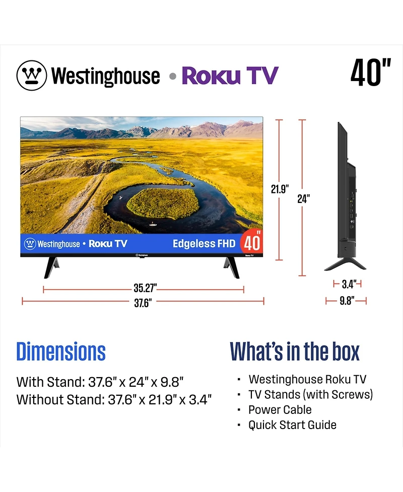 Westinghouse 40" Roku Smart Tv – 1080p Full Hd Led with Wi-Fi, Flat Screen Compatible with Apple HomeKit, Alexa, Google Assistant
