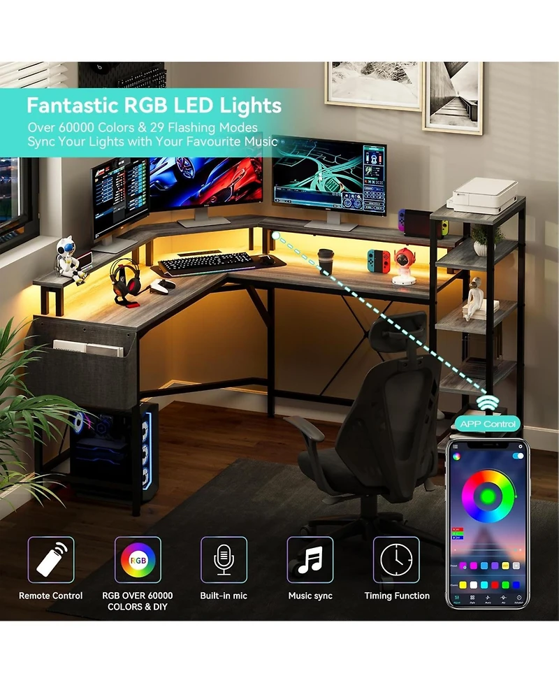gaomon L Shaped Desk with Power Outlets & Led Lights, 62" Computer Desk with Full Monitor Stand & Storage Shelves, Corner Desk Gaming Desk, Ergonomic