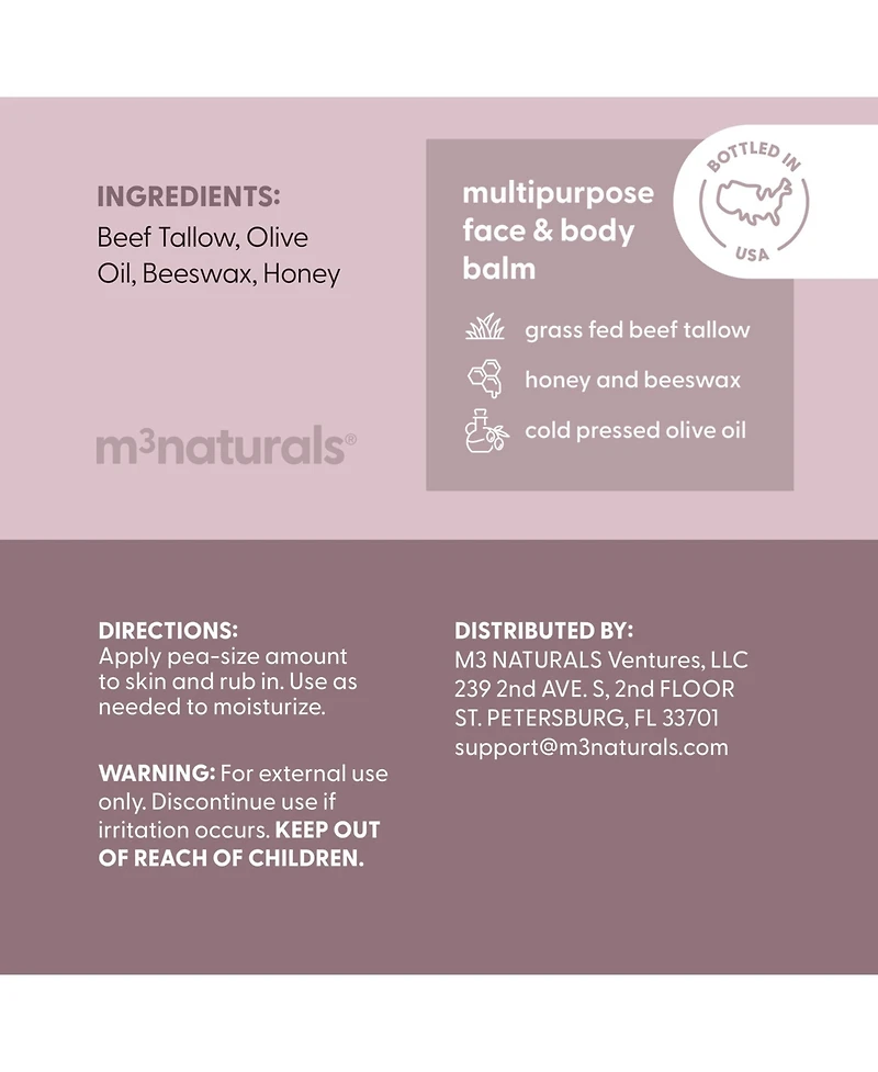 M3 Beef Tallow Balm, Unscented, 2oz