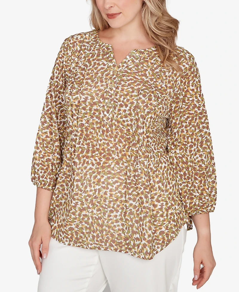Hearts Of Palm Plus Printed 3/4 Sleeve Peasant Top