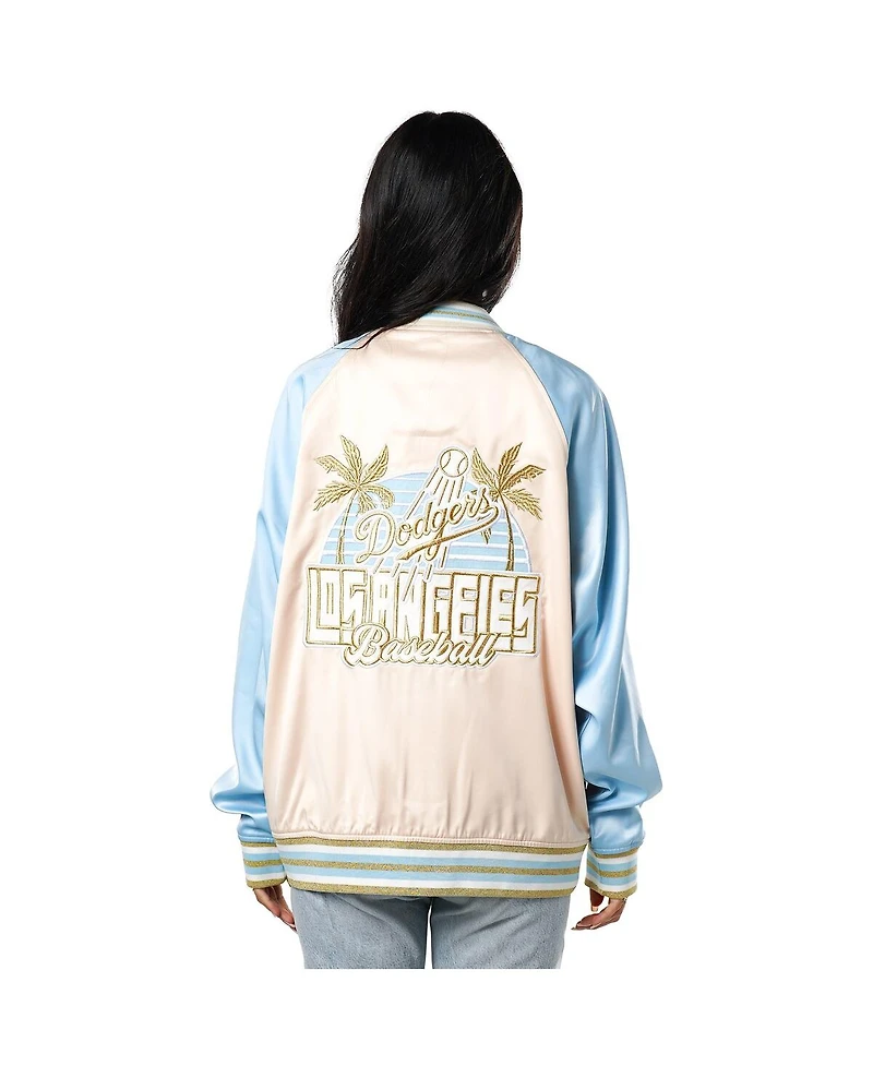 The Wild Collective Women's Cream Los Angeles Dodgers Oversized Satin Raglan Full-Snap Bomber Jacket