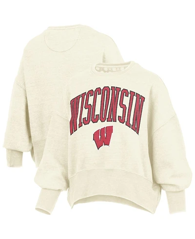 Pressbox Women's Natural Wisconsin Badgers Oversized Waist-Length Crewneck Sweatshirt