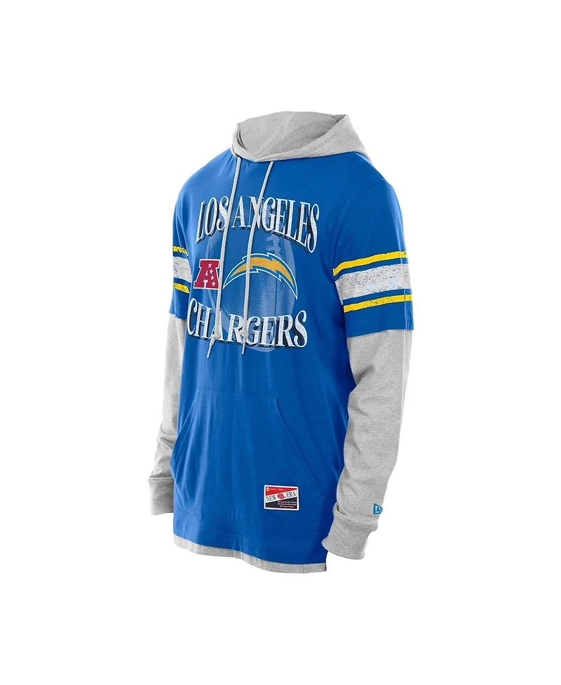 New Era Men's Powder Blue Los Angeles Chargers Twofer Layered Long Sleeve Hoodie T-Shirt