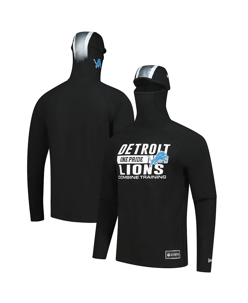 New Era Men's Black Detroit Lions Functional Fandom Balaclava Helmet Stripe Tri-Blend Hoodie