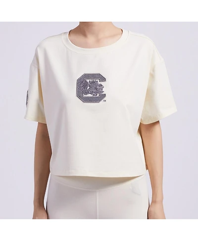 Pro Standard Women's Cream South Carolina Gamecocks Reverse French Terry Boxy Cropped T-Shirt