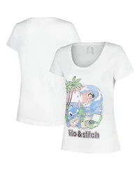 Mad Engine Women's White Lilo and Stitch Beach Duo Scoop Neck T-Shirt