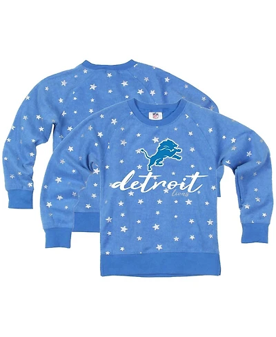 Wes & Willy Big Girls Blue Detroit Lions Shimmer Star Reverse Fleece Pullover Sweatshirt