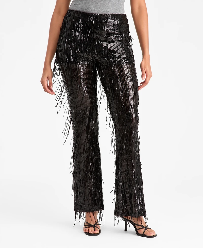 Bar Iii Women's Sequined Fringe High Rise Fitted Pants, Macy's Exclusive
