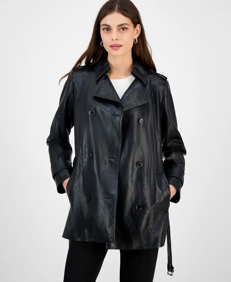 Bcbgmaxazria Women's Double-Breasted Faux-Leather Belted Trench Coat