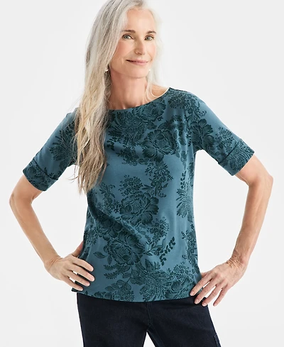 Style & Co Petite Floral Printed Elbow Sleeve Top, Macy's Exclusive