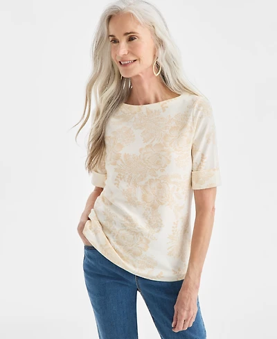 Style & Co Women's Printed Boat-Neck Elbow-Sleeve Top, Macy's Exclusive