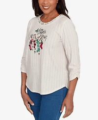 Alfred Dunner Petite Classic Holiday Stockings Gathered Sleeve Top