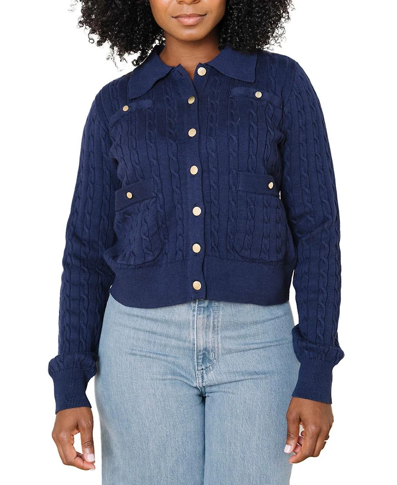 Hope & Henry Women's Organic Cable Knit Collared Cardigan Sweater