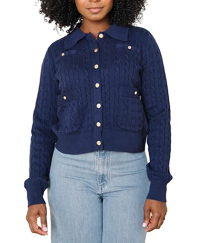 Hope & Henry Women's Organic Cable Knit Collared Cardigan Sweater