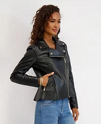 Kensie Women's Asymmetrical Pu Peplum Moto Jacket with Quilting Details