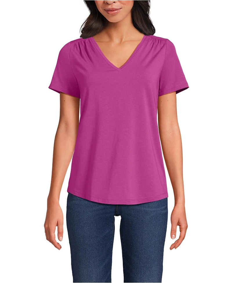 Lands' End Women's Petite Short Sleeve Lightweight Jersey Gathered Shoulder T-Shirt