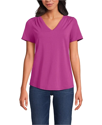 Lands' End Women's Petite Short Sleeve Lightweight Jersey Gathered Shoulder T-Shirt