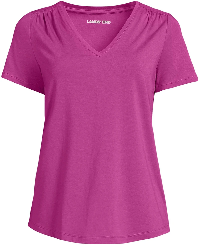 Lands' End Women's Petite Short Sleeve Lightweight Jersey Gathered Shoulder T-Shirt