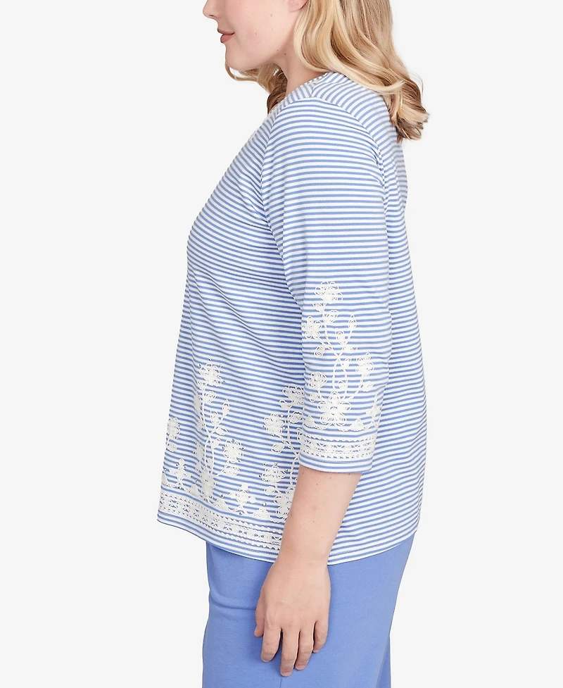 Alfred Dunner Petite Casual Vibe Embellished Striped Crew Neck Top