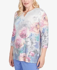 Alfred Dunner Petite Casual Vibe Floral Brushstroke Beaded Split Neck Top