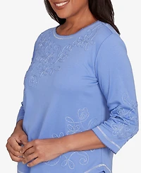 Alfred Dunner Petite Casual Vibe Asymmetrical Floral Embroidered Detail Top